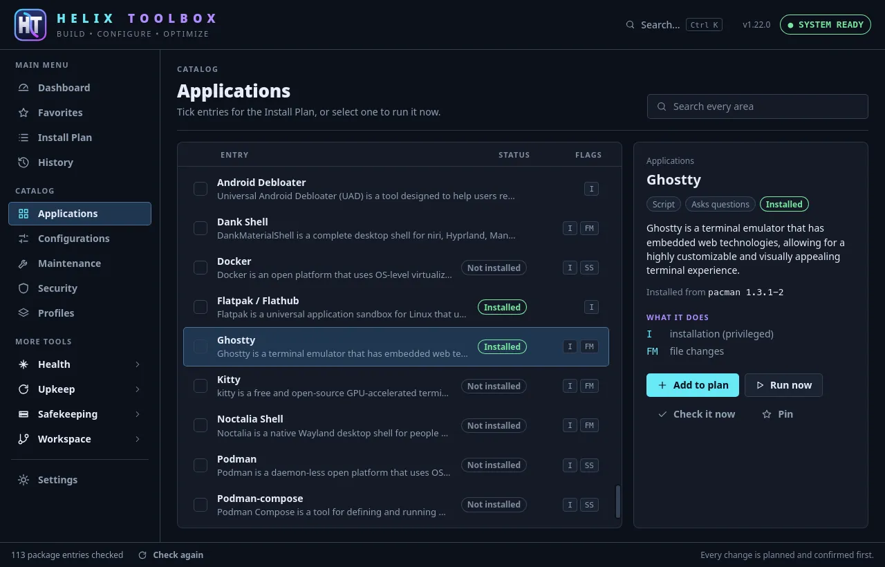 The window’s Applications screen: the entries of an area with their status and flags, and the details of the selected one