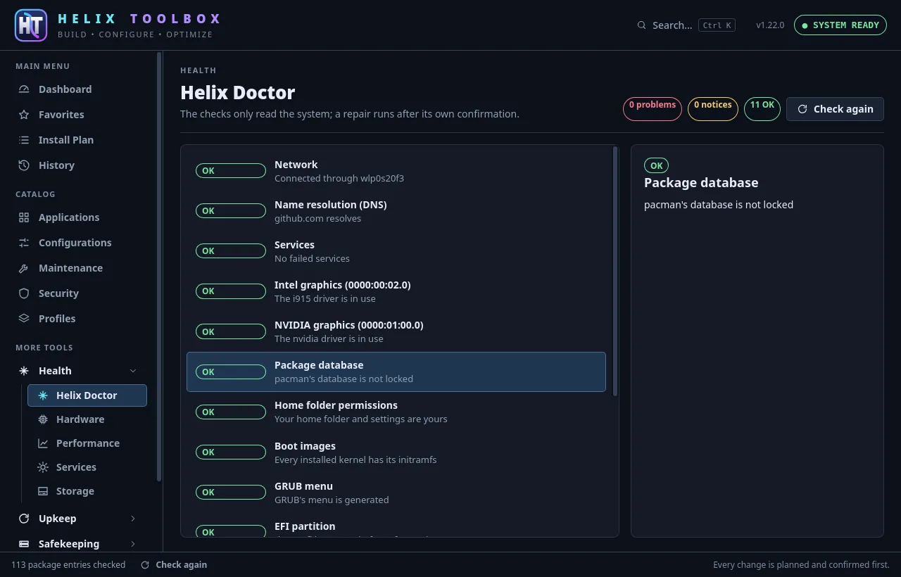 The window’s Helix Doctor screen: the health checks with their state, and what the selected one found