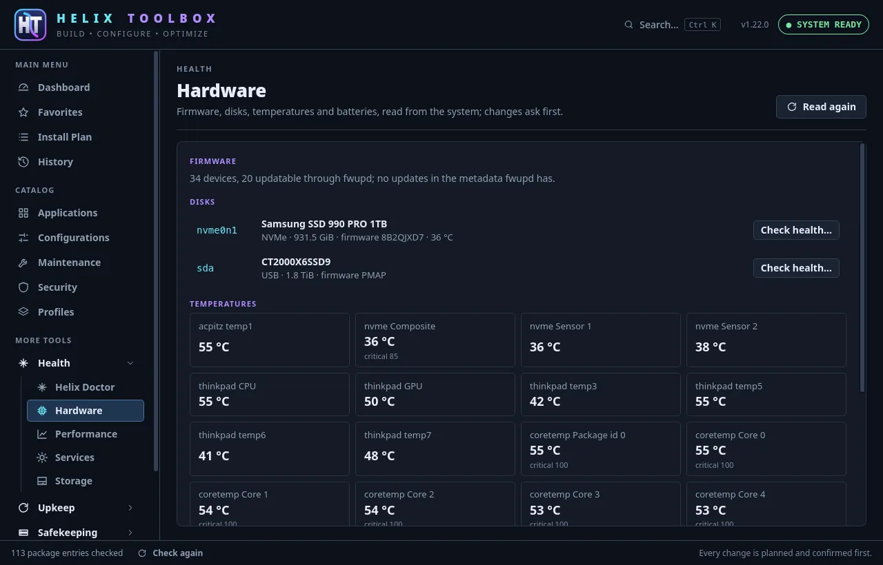 The window’s Hardware screen: firmware, disks with their health check, and the temperature sensors