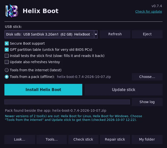 The Helix Boot window on Linux