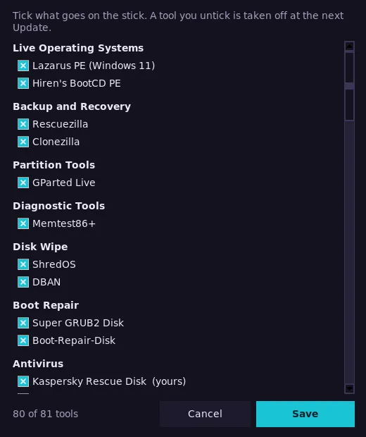 The Tools window: every tool to tick, by category