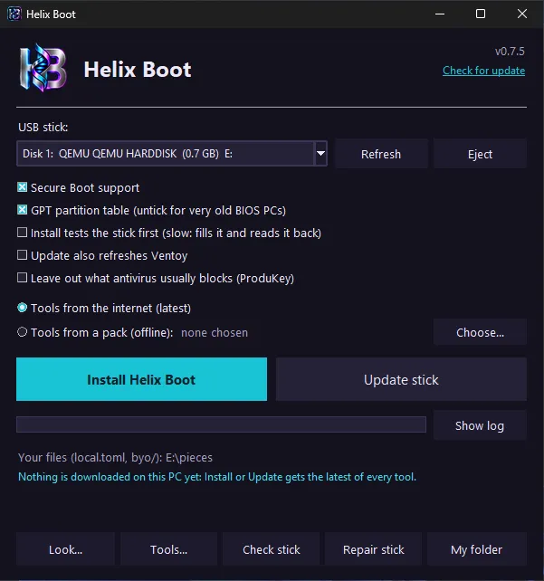 The Helix Boot app on Windows
